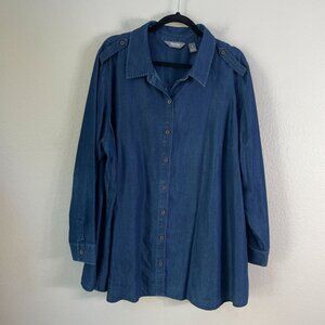 Martha Stewart Womens Plus 2X Denim Chambray Button Up Shirt Shoulder Epaulets